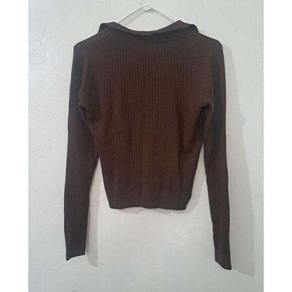 Zara Womens Medium Ribbed Stretch Knit Longsleeve Chocolate Brown Top - Picture 4 of 8